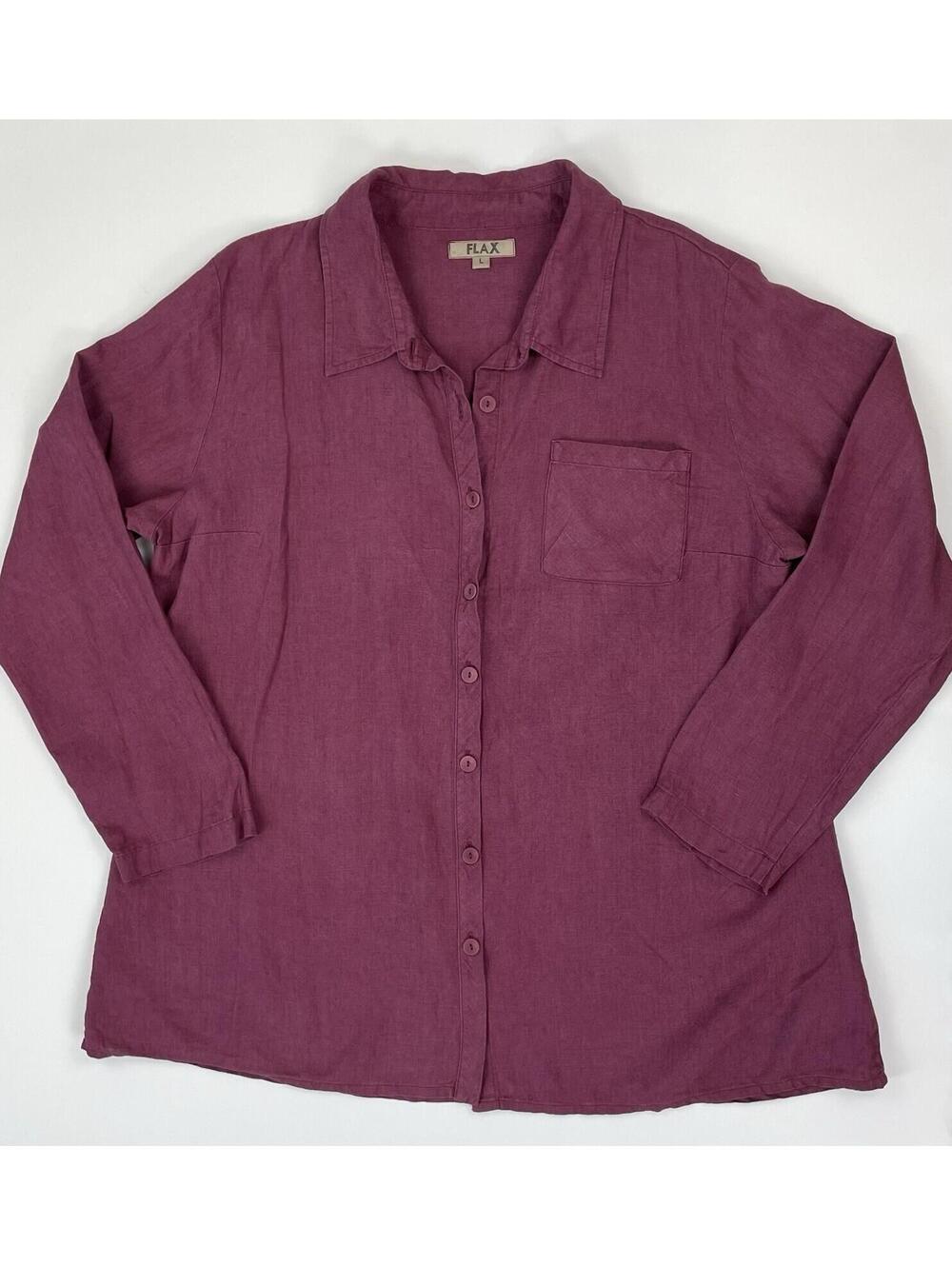 Flax Women’s Pink Purple Linen Long Sleeve Button Up Coastal Lagenlook Large